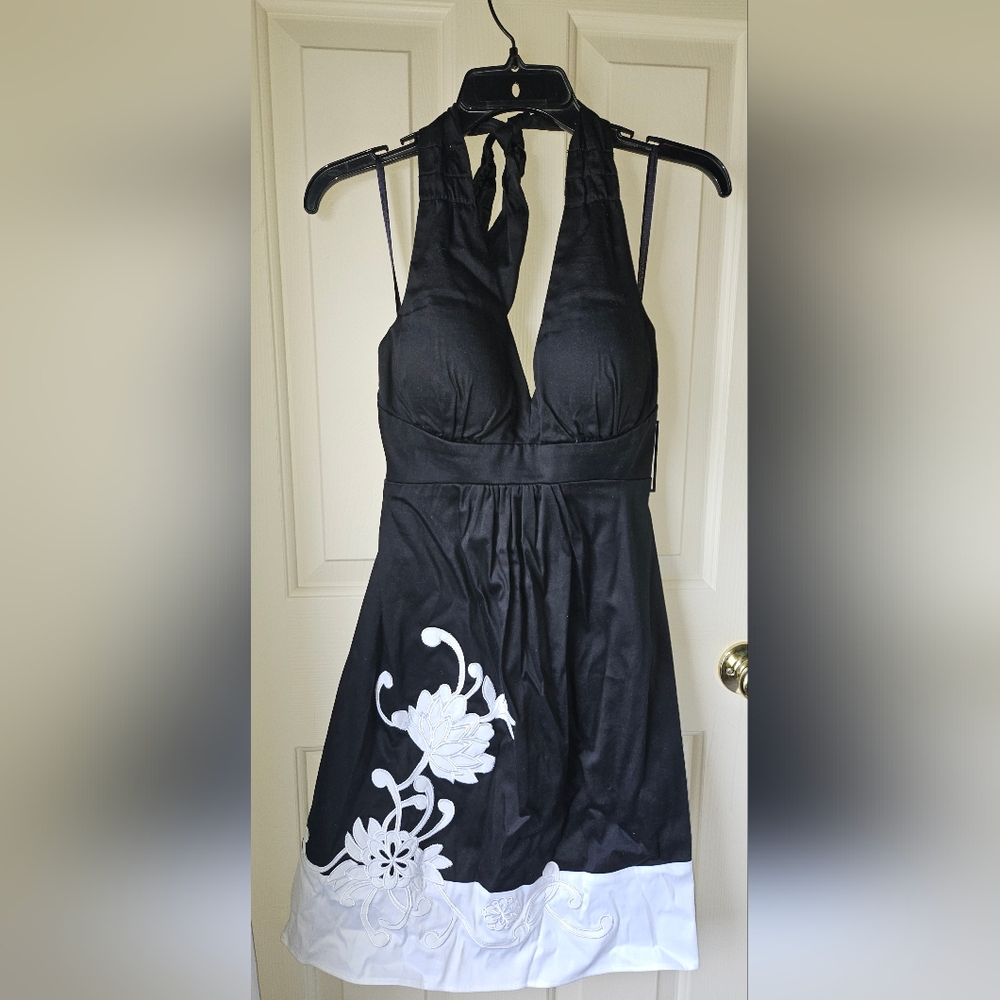 Madison Leigh Cotton Black Halter Dress with White Floral Design